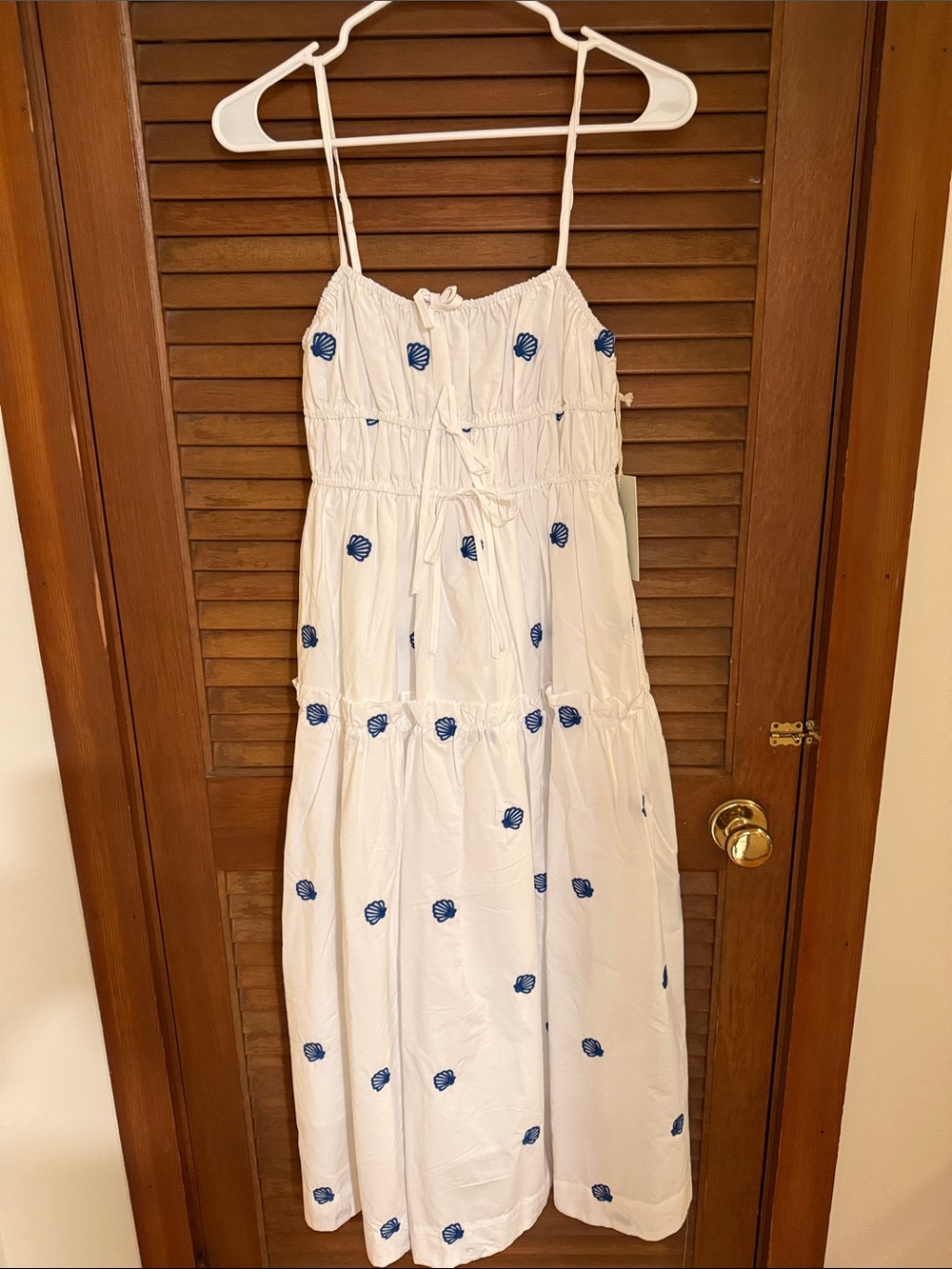 Joie White Midi Dress with Blue Embroidered Shells